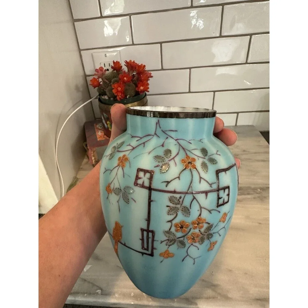 Gorgeous Antique Cased Satin Blue Glass Vase Raised Art Deco Bird Flowers
